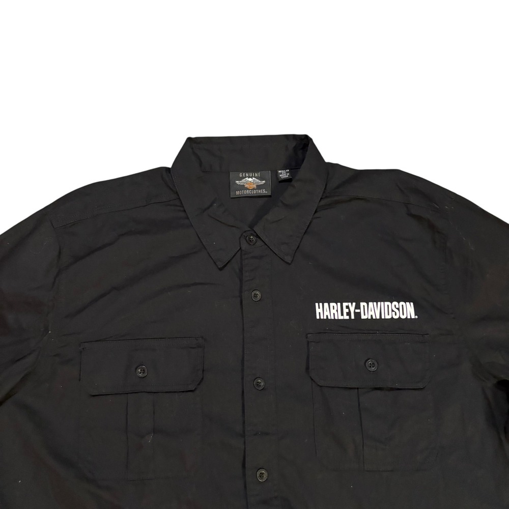 Harley-Davidson Mens 2XL Black Button Up Work Shirt Number 1 Graphic Long Sleeve - Picture 2 of 9
